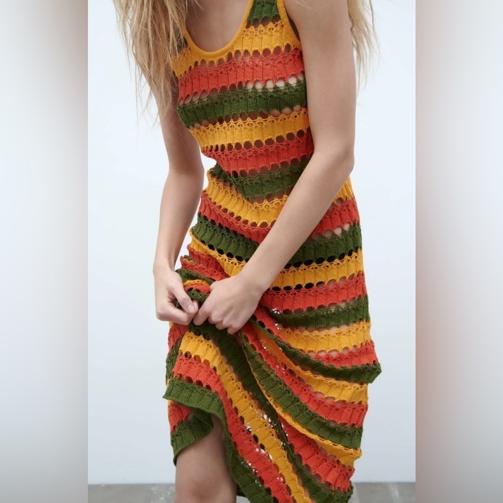Zara Multi-coloured Striped Crochet Knit Midi Maxi Dress